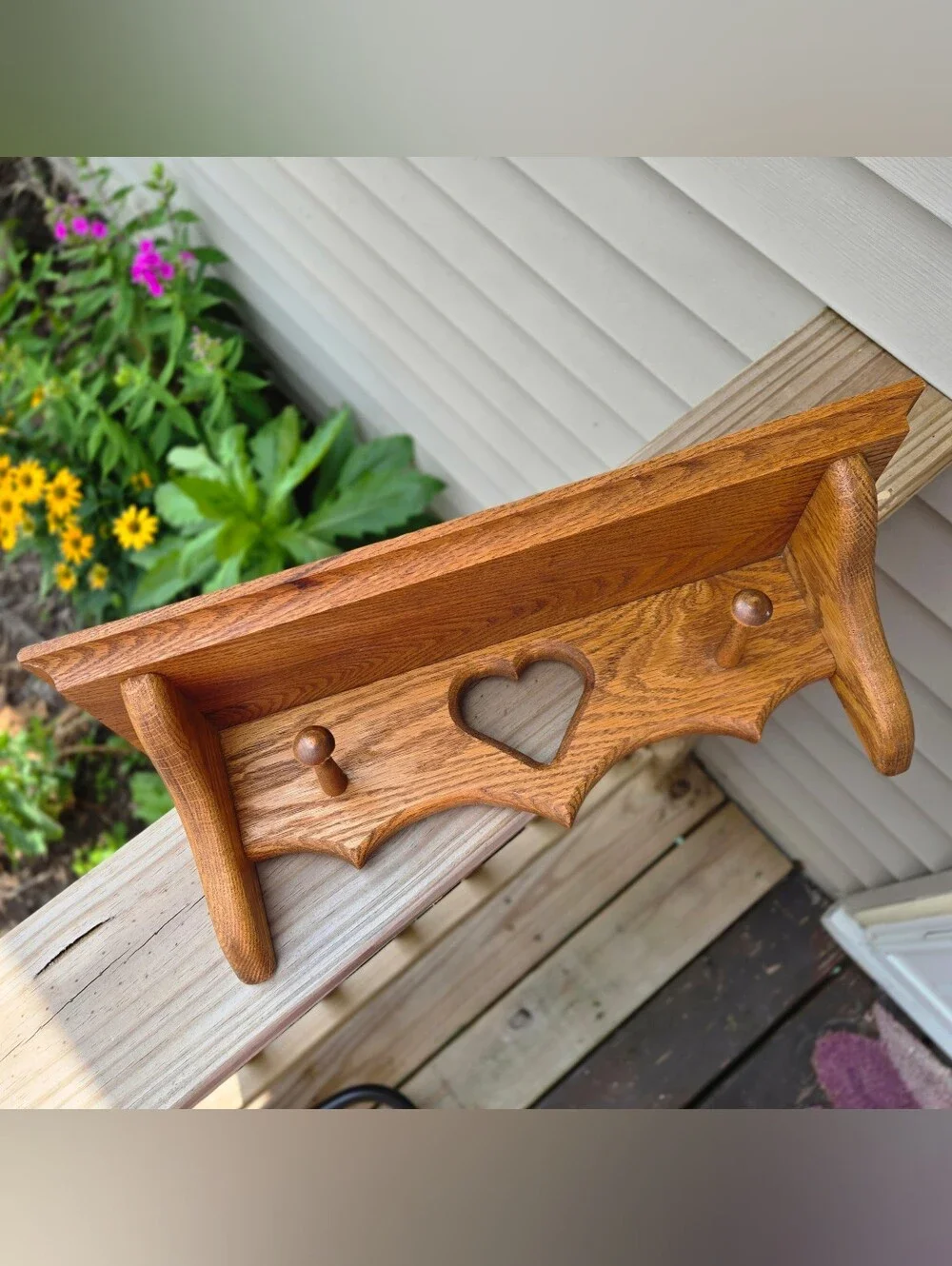 Wood Oak Heart Cutout Peg Wall Shelf Vintage
